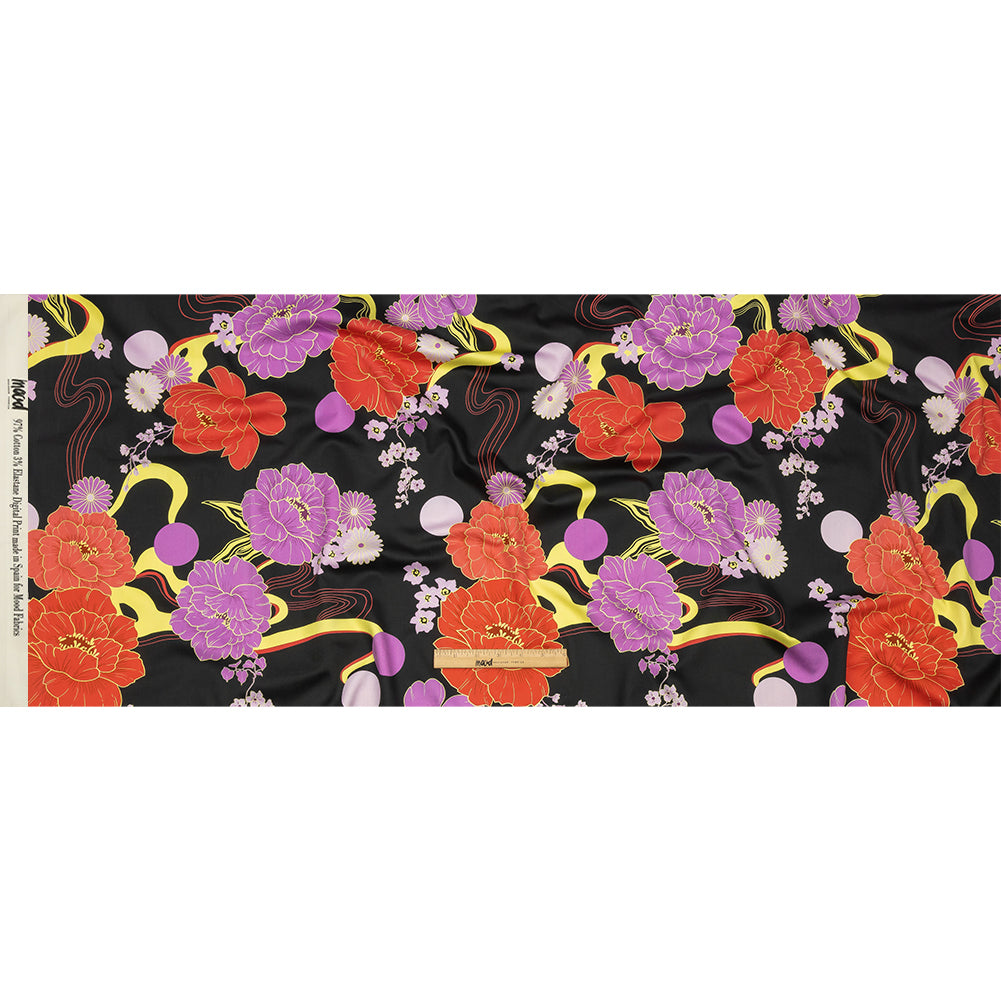 Stretch Cotton Sateen - Black, Red and Purple Floral - Japanese Daydreams Print - Mood Exclusive Groove Collection Drape