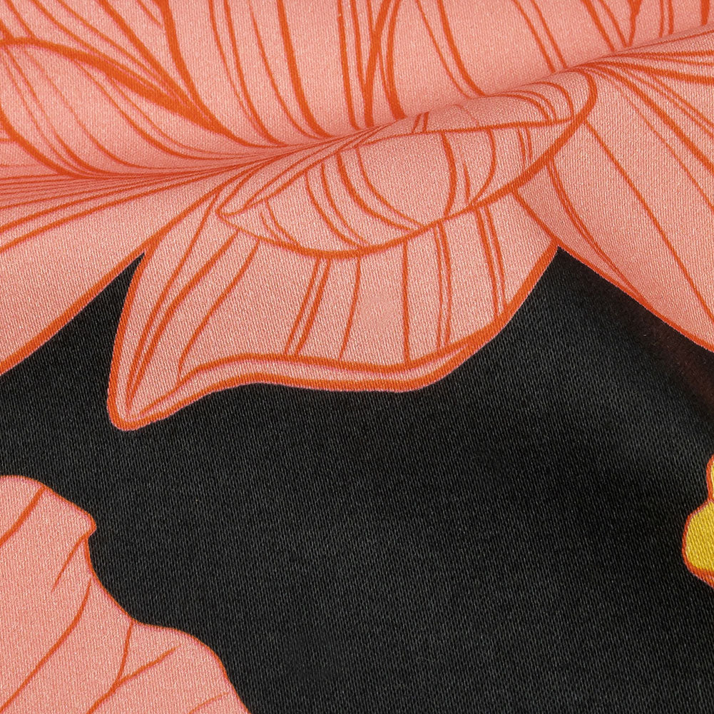 Stretch Cotton Sateen - Black, Pink and Yellow Floral - Valley of Lilies Print - Mood Exclusive Groove Collection Folded