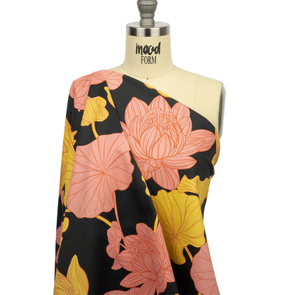 Stretch Cotton Sateen - Black, Pink and Yellow Floral - Valley of Lilies Print - Mood Exclusive Groove Collection Detail
