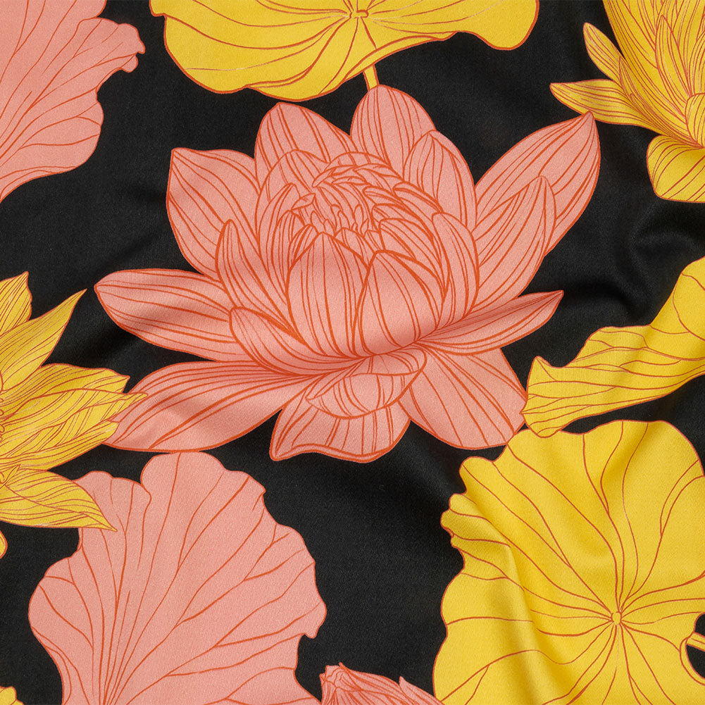 Stretch Cotton Sateen - Black, Pink and Yellow Floral - Valley of Lilies Print - Mood Exclusive Groove Collection