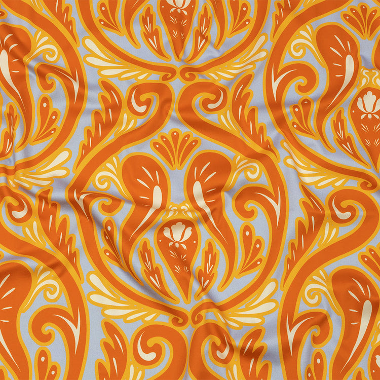 template--26688905969737__main-Stretch Cotton Sateen - Orange Ornamental Paisleys - Vacation Vibrations Print - Mood Exclusive Groove Collection