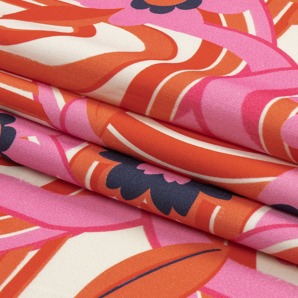 Stretch Cotton Sateen - Pink Winding Lines and Flowers - Bloom the Beat Print - Mood Exclusive Groove Collection - Folded