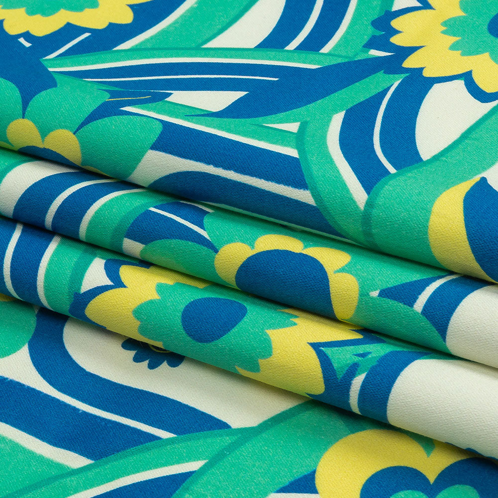 Stretch Cotton Sateen - Blue Winding Lines and Flowers - Bloom the Beat Print - Mood Exclusive Groove Collection - Folded