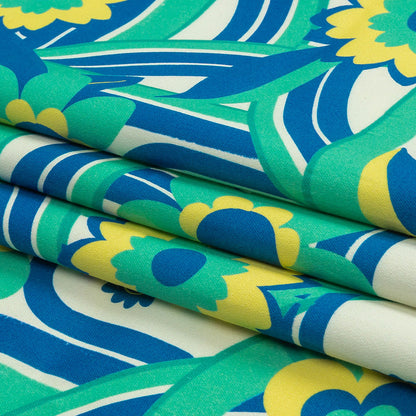 Stretch Cotton Sateen - Blue Winding Lines and Flowers - Bloom the Beat Print - Mood Exclusive Groove Collection
