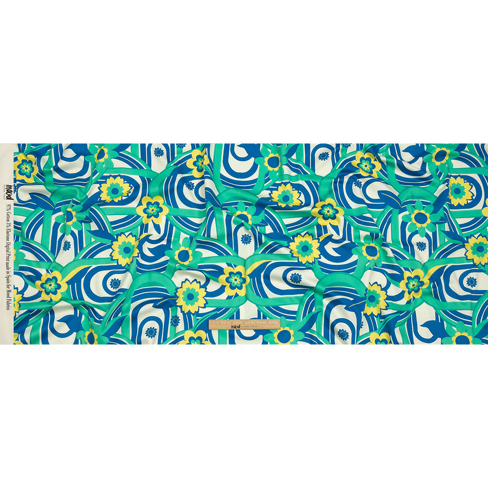 Stretch Cotton Sateen - Blue Winding Lines and Flowers - Bloom the Beat Print - Mood Exclusive Groove Collection - Full