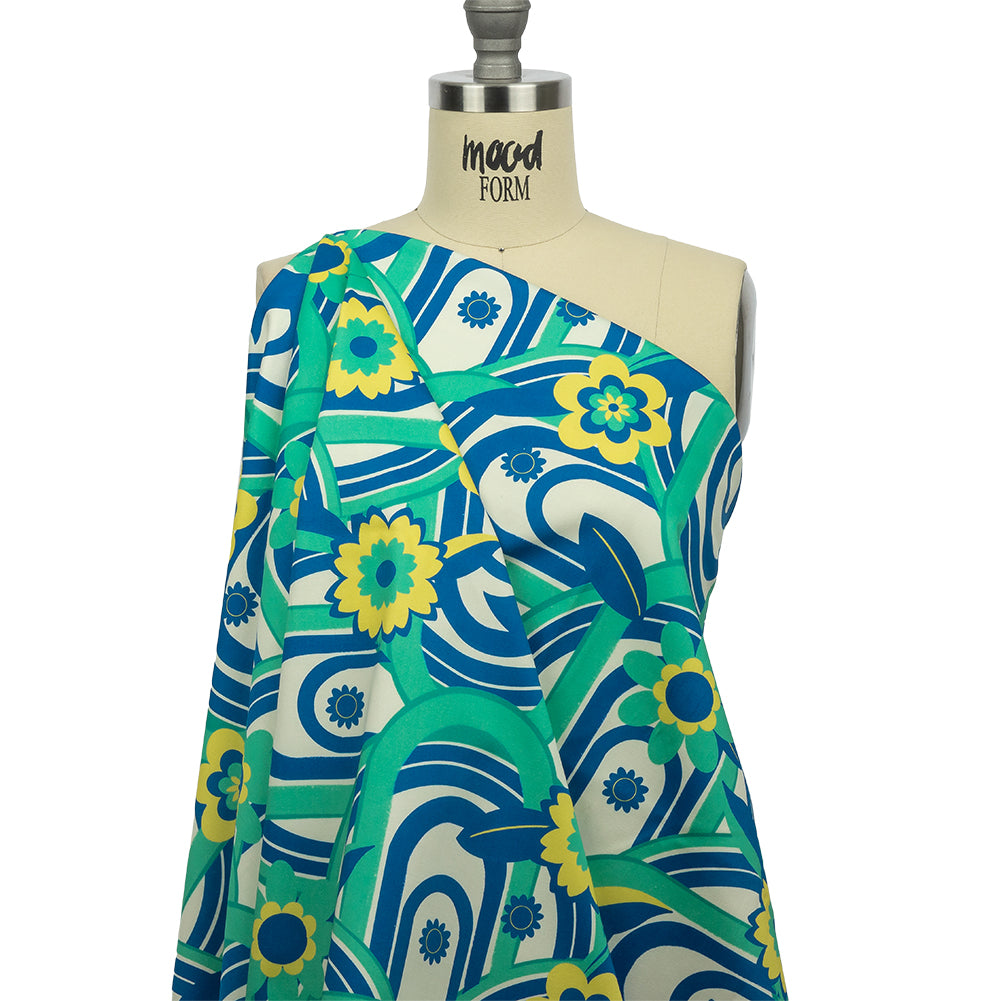 Stretch Cotton Sateen - Blue Winding Lines and Flowers - Bloom the Beat Print - Mood Exclusive Groove Collection - Drape