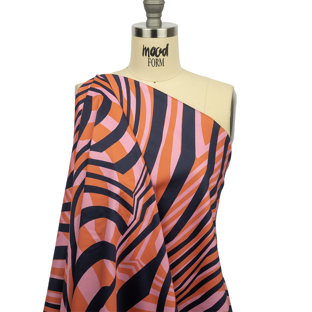 Stretch Cotton Sateen - Pink Abstract Lines - Soundwave Strut Print - Mood Exclusive Groove Collection