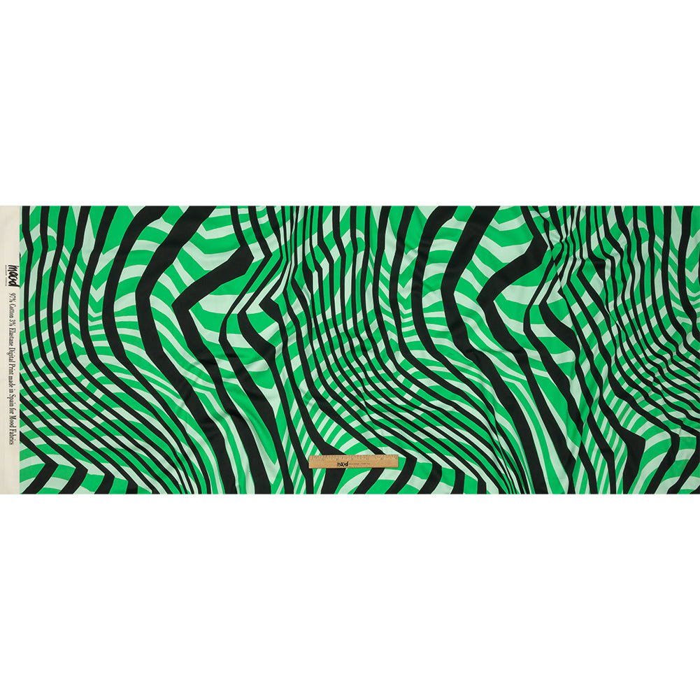Stretch Cotton Sateen - Green Abstract Lines - Soundwave Strut Print - Mood Exclusive Groove Collection - Full
