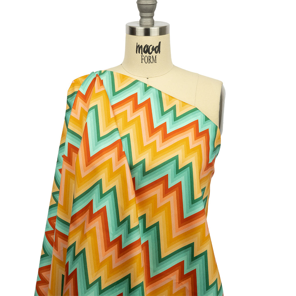 Stretch Cotton Sateen - Teal and Yellow Zig Zags - Sweet Vibes Print - Mood Exclusive Groove Collection - Drape