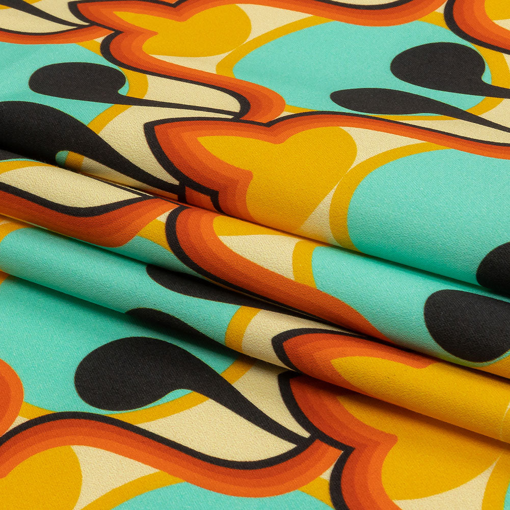 Stretch Cotton Sateen - Blue and Orange Abstract - Bohemian Bells Print - Mood Exclusive Groove Collection - Folded