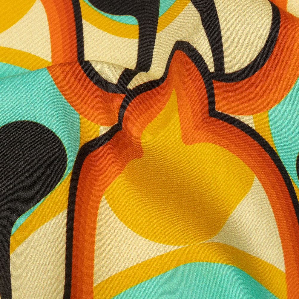 Stretch Cotton Sateen - Blue and Orange Abstract - Bohemian Bells Print - Mood Exclusive Groove Collection - Detail