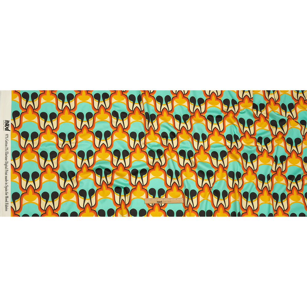 Stretch Cotton Sateen - Blue and Orange Abstract - Bohemian Bells Print - Mood Exclusive Groove Collection - Full