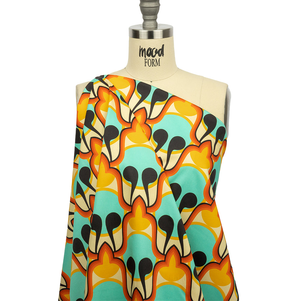 Stretch Cotton Sateen - Blue and Orange Abstract - Bohemian Bells Print - Mood Exclusive Groove Collection - Drape