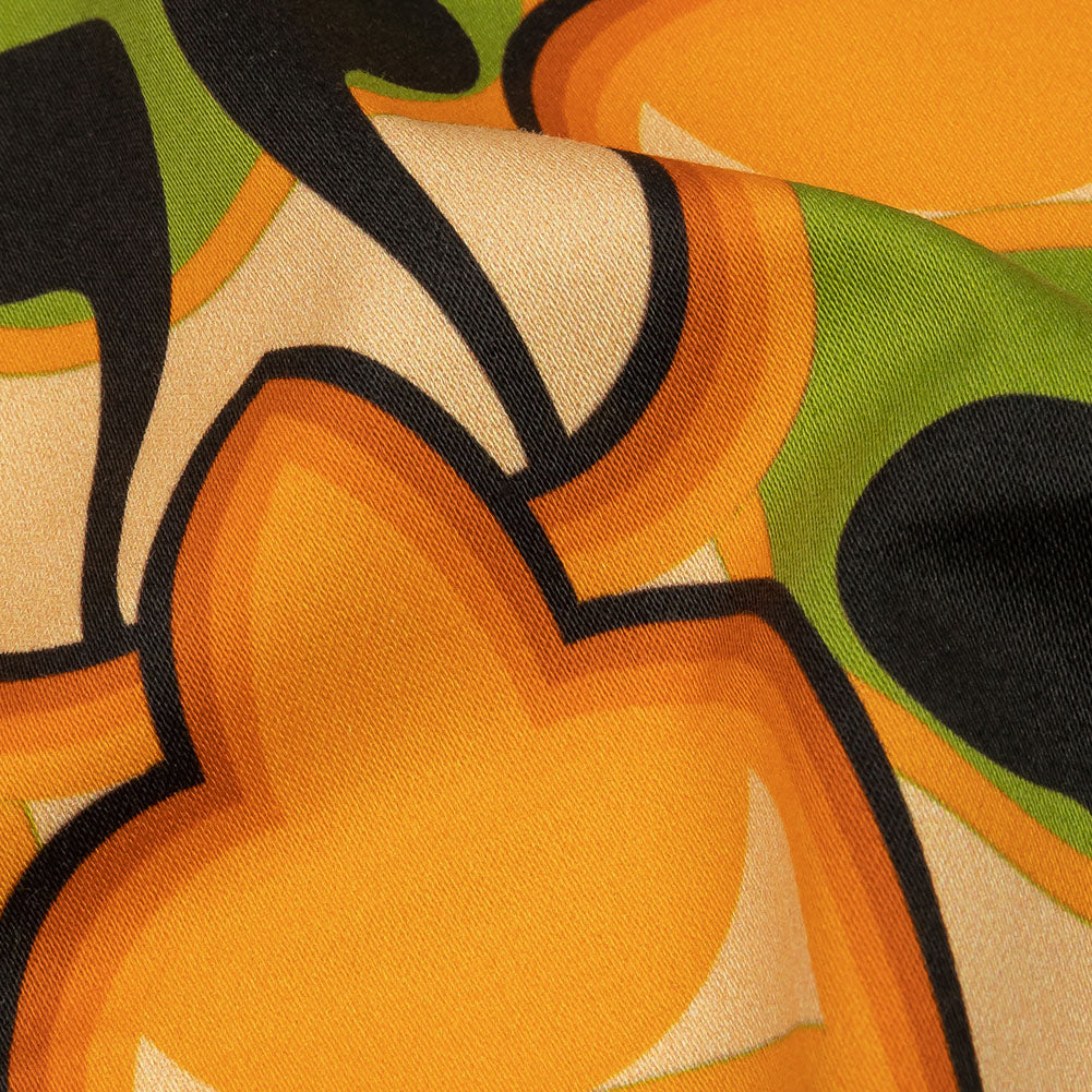 Stretch Cotton Sateen - Green and Orange Abstract - Bohemian Bells Print - Mood Exclusive Groove Collection - Detail