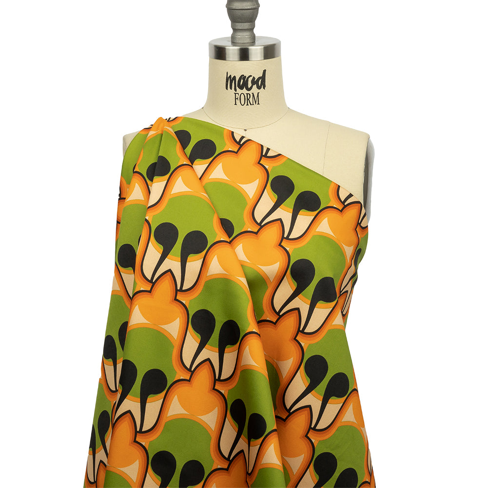 Stretch Cotton Sateen - Green and Orange Abstract - Bohemian Bells Print - Mood Exclusive Groove Collection - Drape