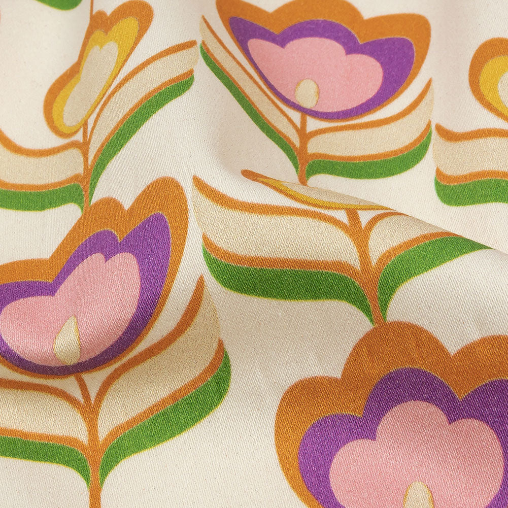 Stretch Cotton Sateen - Ivory, Pink and Yellow Floral - Tulip Twist Print - Mood Exclusive Groove Collection - Detail