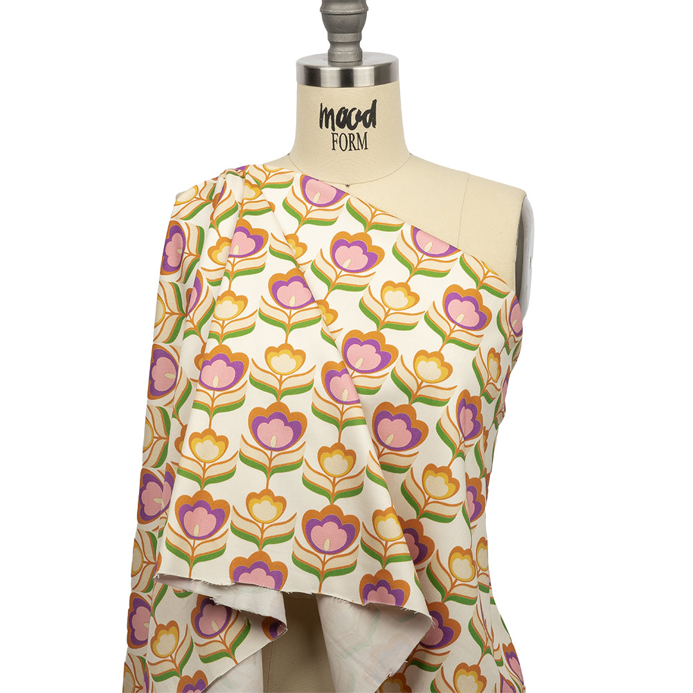 Stretch Cotton Sateen - Ivory, Pink and Yellow Floral - Tulip Twist Print - Mood Exclusive Groove Collection - Drape
