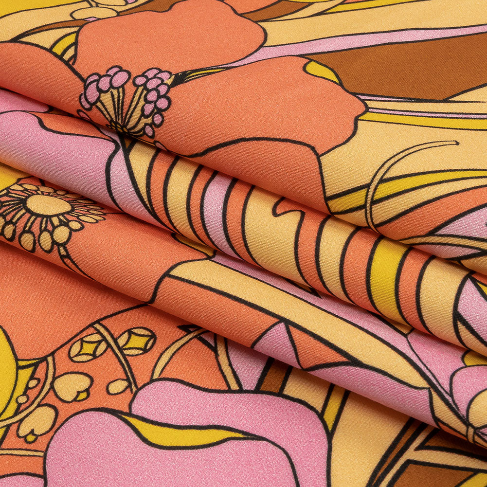 Stretch Cotton Sateen - Pink and Yellow Floral - Garden Groove Print - Mood Exclusive Groove Collection - Folded