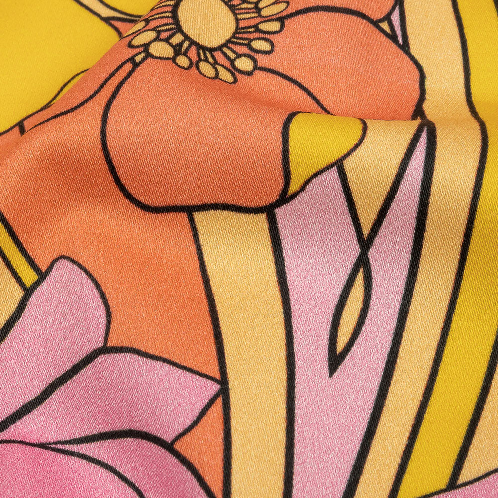 Stretch Cotton Sateen - Pink and Yellow Floral - Garden Groove Print - Mood Exclusive Groove Collection - Detail