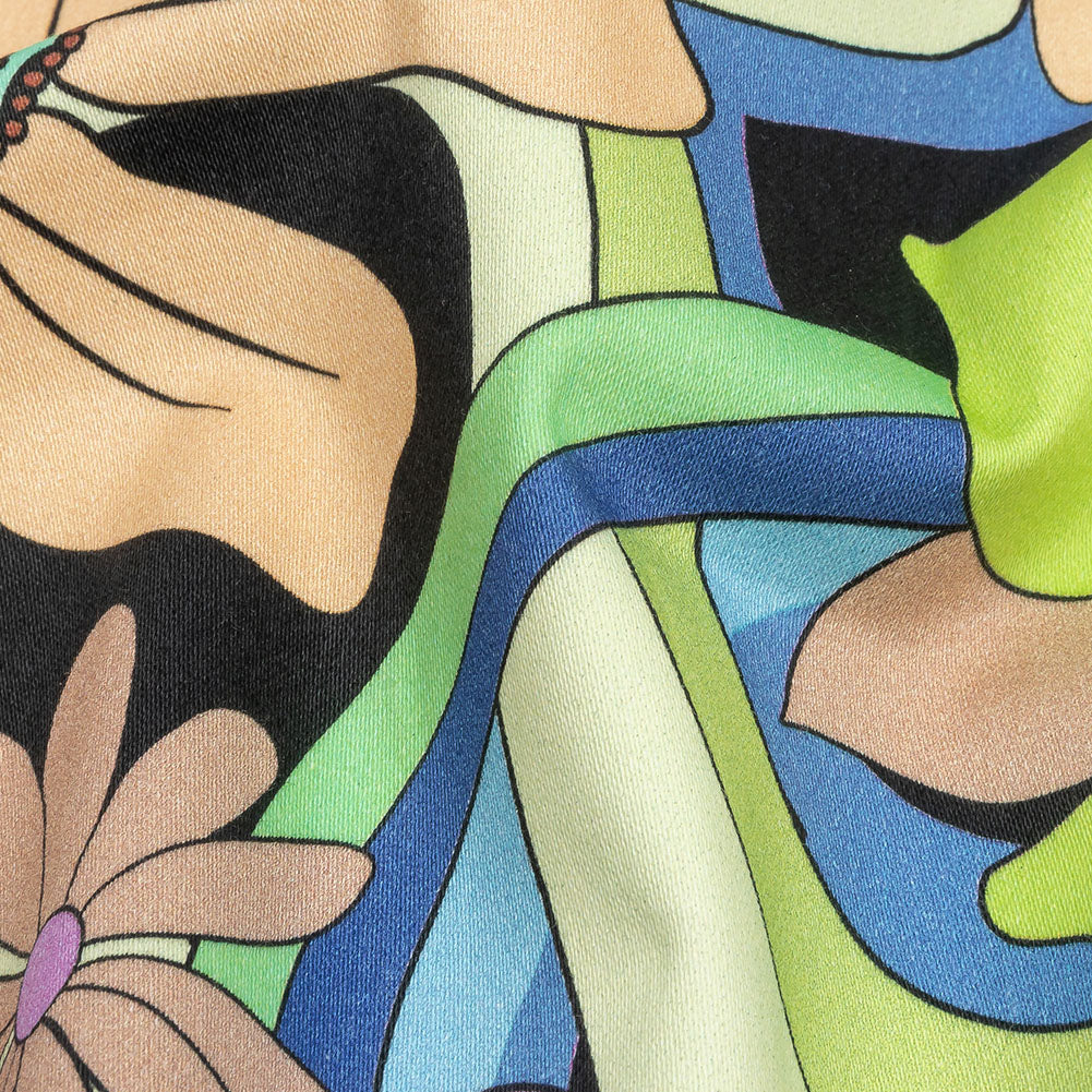 Stretch Cotton Sateen - Black, Beige and Purple Floral - Fanciful Flourish Print - Mood Exclusive Groove Collection - Detail
