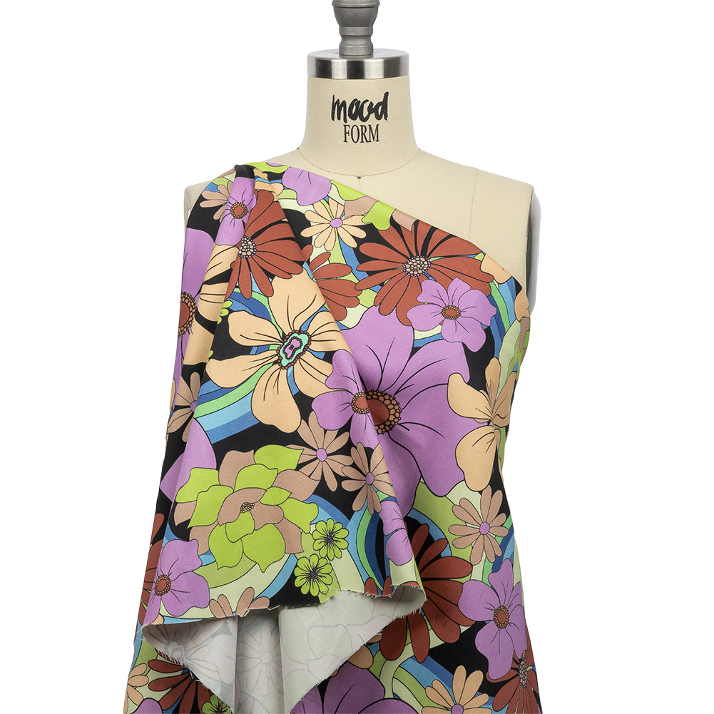 Stretch Cotton Sateen - Black, Beige and Purple Floral - Fanciful Flourish Print - Mood Exclusive Groove Collection - Drape