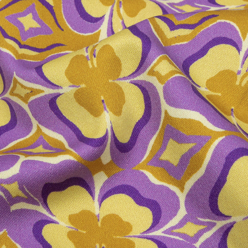 Stretch Cotton Sateen - Purple and Yellow Clovers - Lucky You Print - Mood Exclusive Groove Collection - Detail