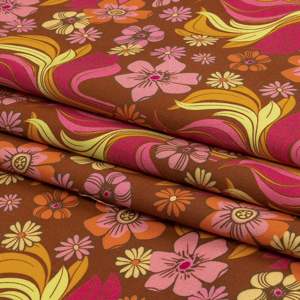 1 Yard of Stretch Cotton Sateen - Brown Floral Rows - Flower Shower Print - Mood Exclusive Groove Collection