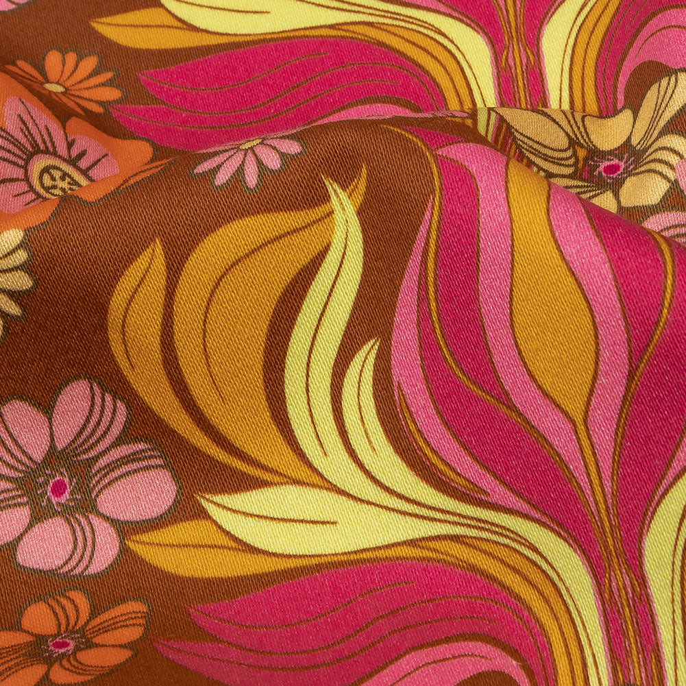 1 Yard of Stretch Cotton Sateen - Brown Floral Rows - Flower Shower Print - Mood Exclusive Groove Collection