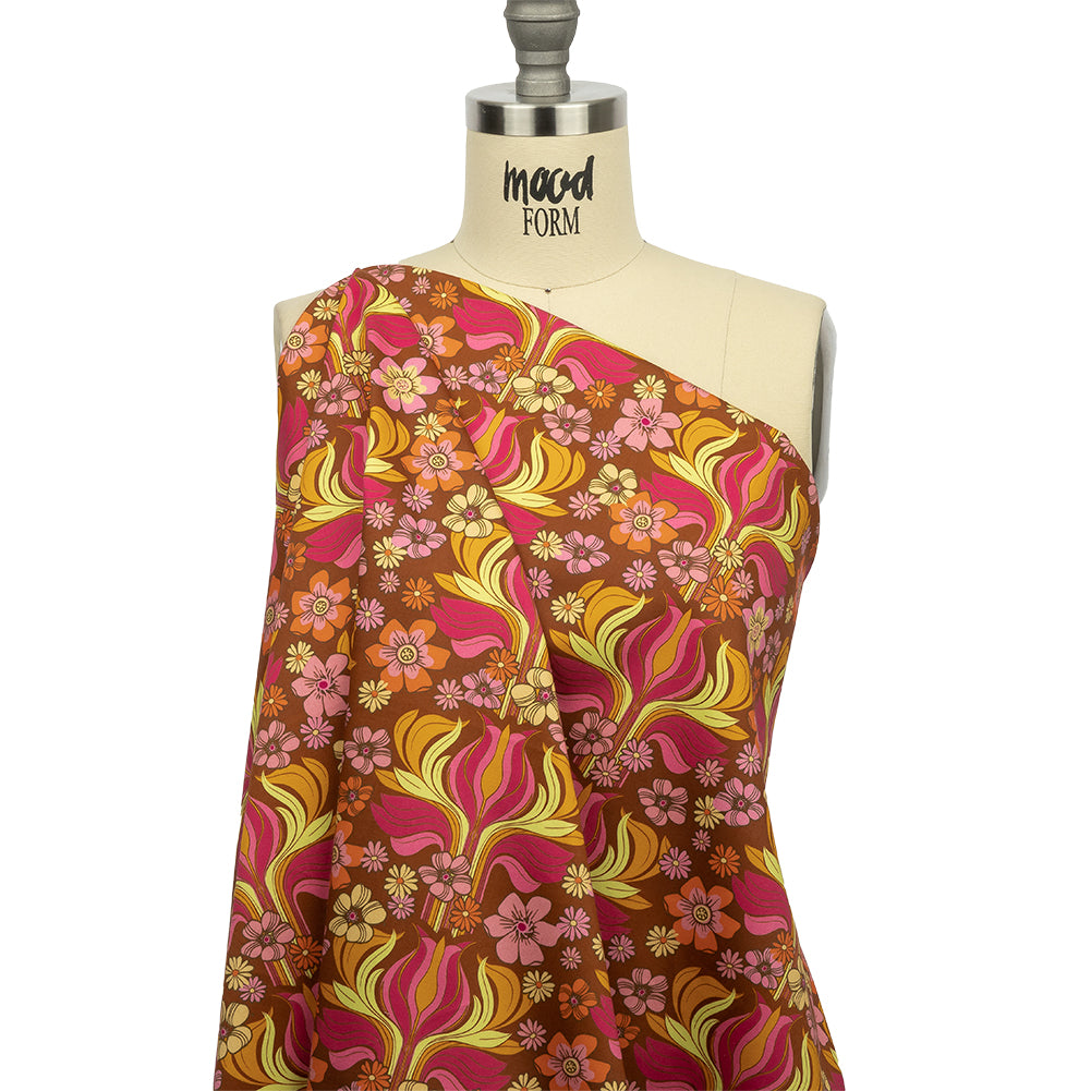 1 Yard of Stretch Cotton Sateen - Brown Floral Rows - Flower Shower Print - Mood Exclusive Groove Collection