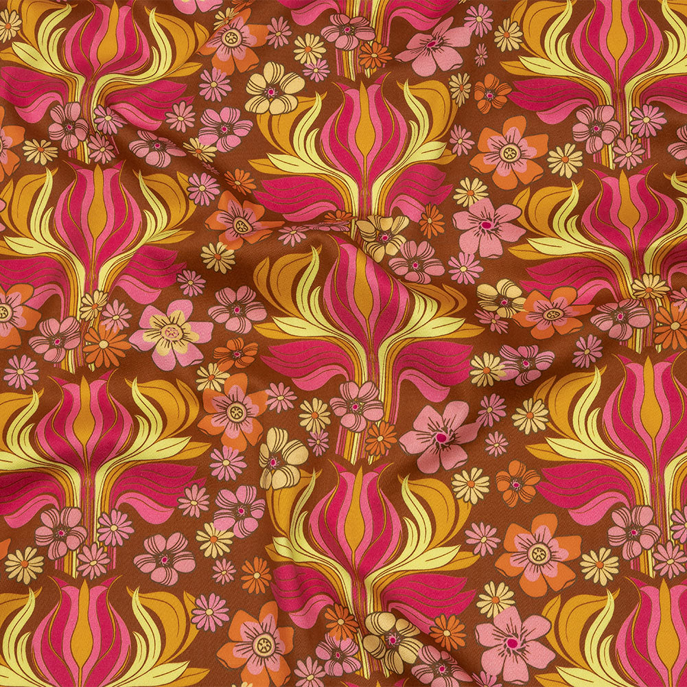 Stretch Cotton Sateen - Brown Floral Rows - Flower Shower Print - Mood Exclusive Groove Collection