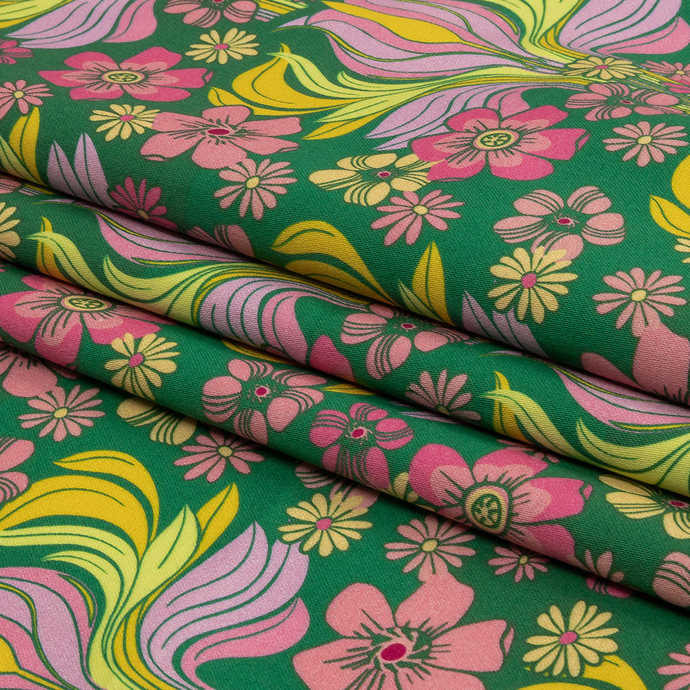 Stretch Cotton Sateen - Green Floral Rows - Flower Shower Print - Mood Exclusive Groove Collection - Folded