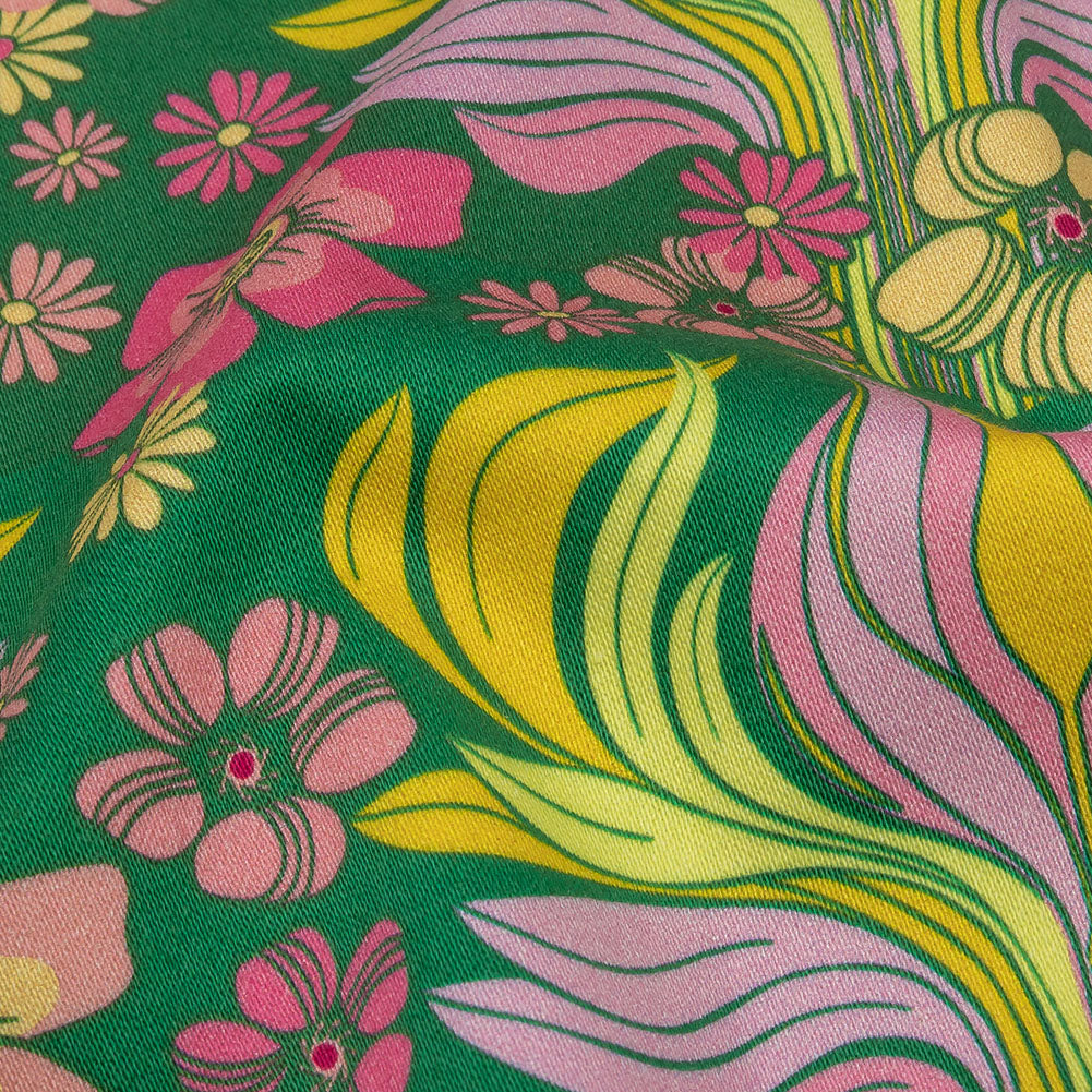 Stretch Cotton Sateen - Green Floral Rows - Flower Shower Print - Mood Exclusive Groove Collection - Detail