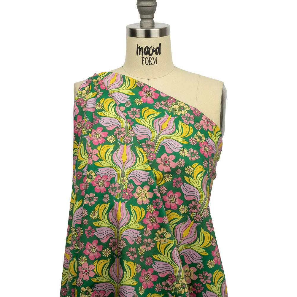 Stretch Cotton Sateen - Green Floral Rows - Flower Shower Print - Mood Exclusive Groove Collection - Drape