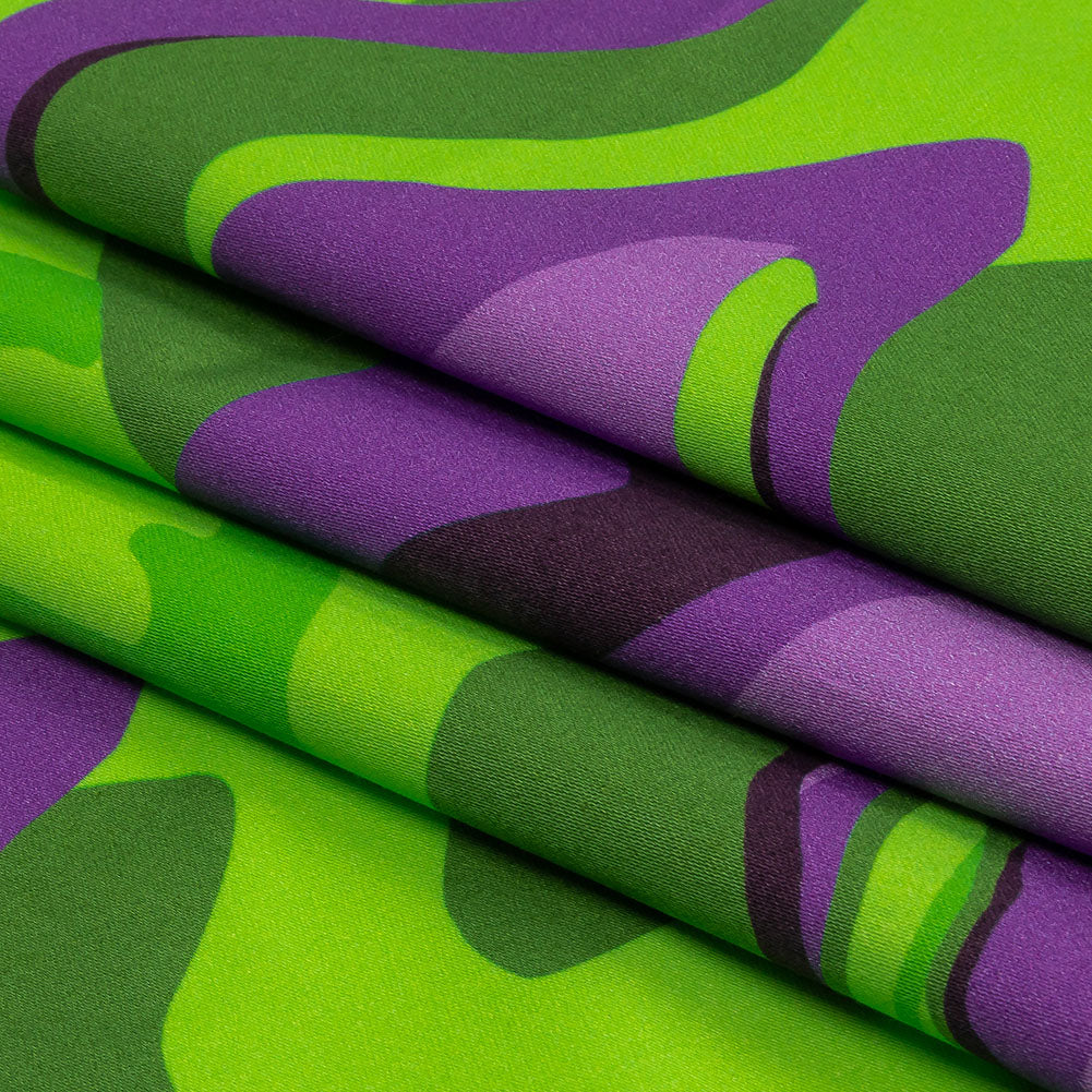 Stretch Cotton Sateen - Purple and Green Abstract - Seen and Unseen Print - Mood Exclusive Groove Collection - Folded