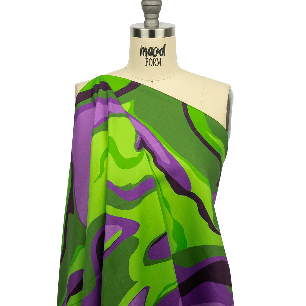 Stretch Cotton Sateen - Purple and Green Abstract - Seen and Unseen Print - Mood Exclusive Groove Collection - Drape