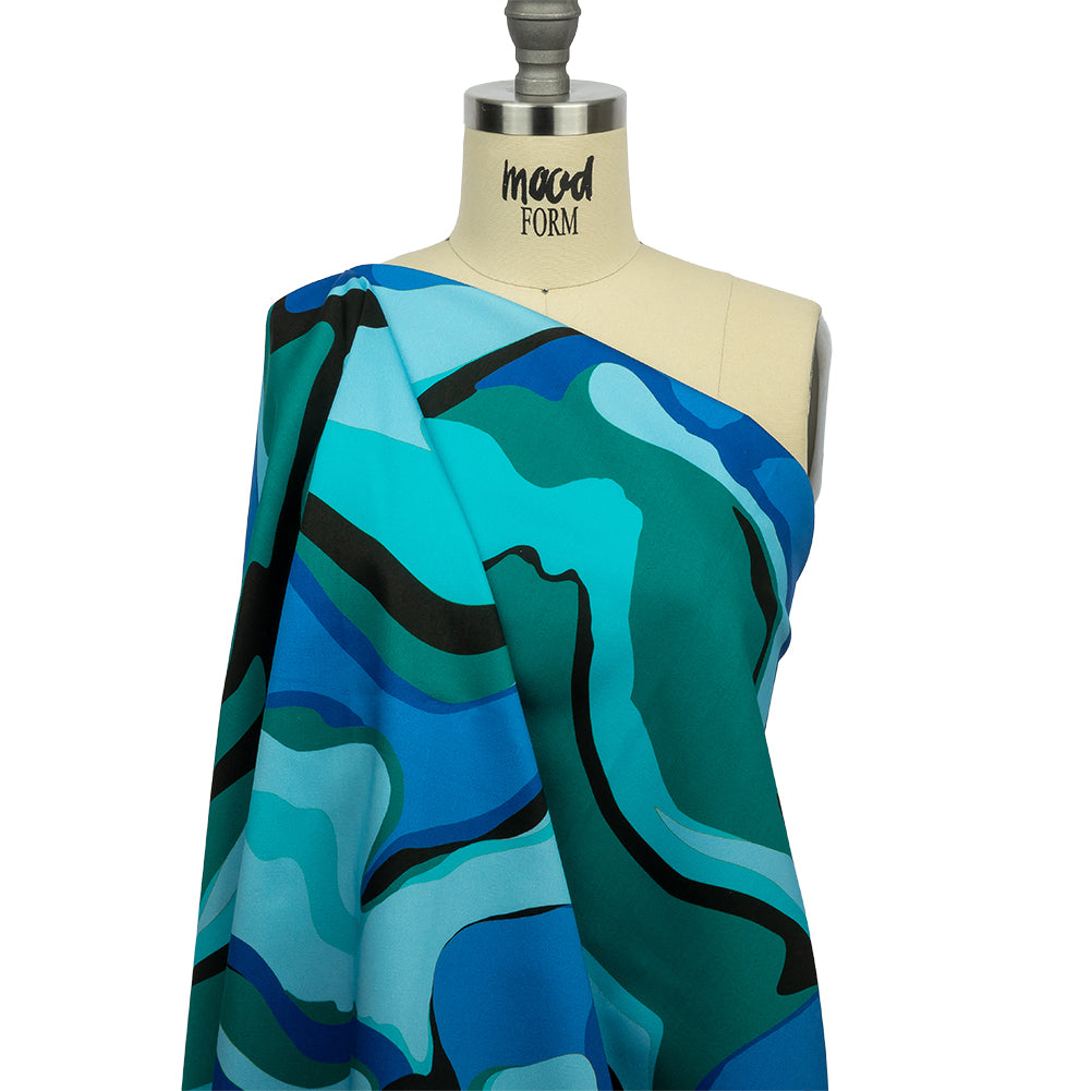 Stretch Cotton Sateen - Blue Abstract - Seen and Unseen Print - Mood Exclusive Groove Collection - Drape