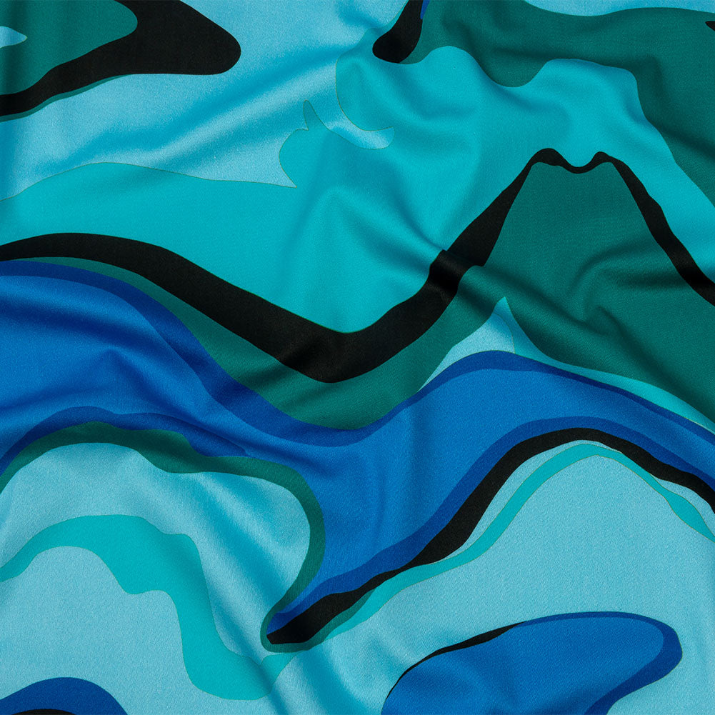 Stretch Cotton Sateen - Blue Abstract - Seen and Unseen Print - Mood Exclusive Groove Collection