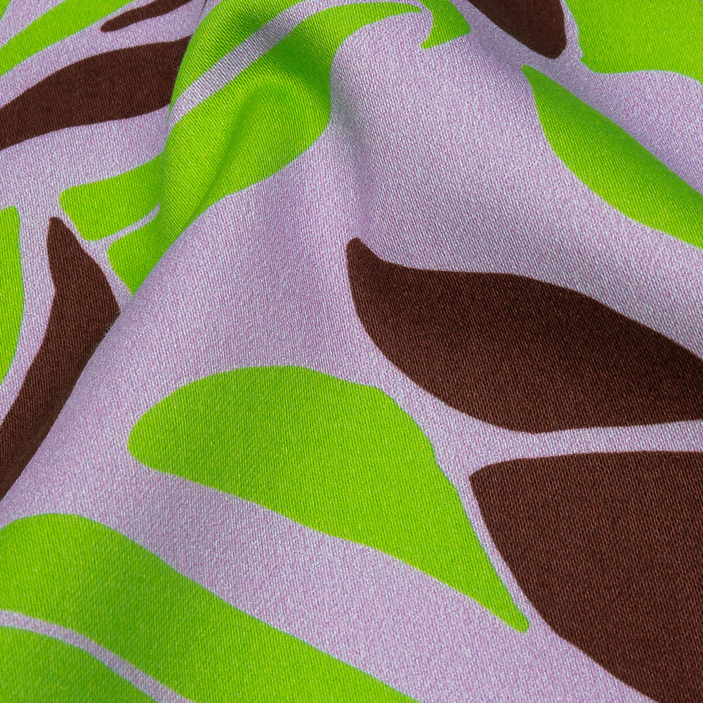 Stretch Cotton Sateen - Lavender and Green Leaves - Flying Swirls Print - Mood Exclusive Groove Collection