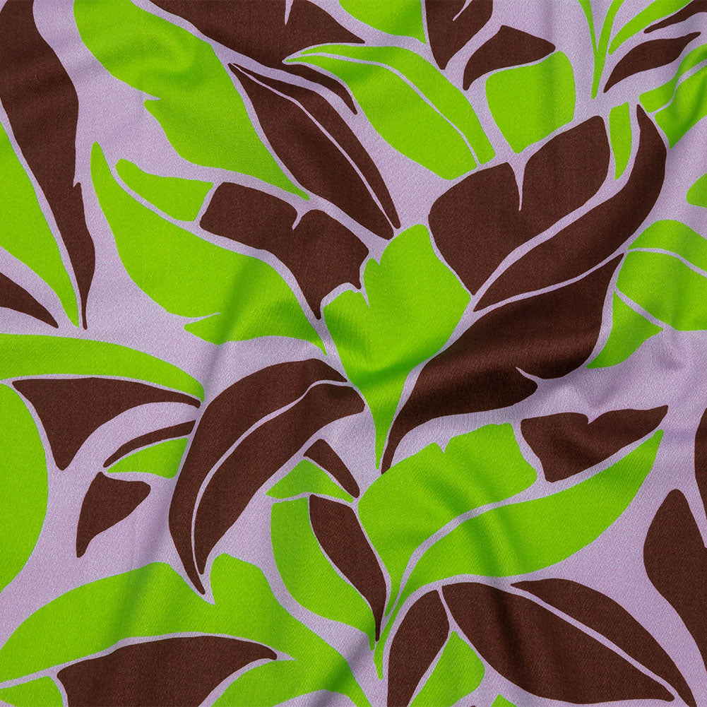 Stretch Cotton Sateen - Lavender and Green Leaves - Flying Swirls Print - Mood Exclusive Groove Collection