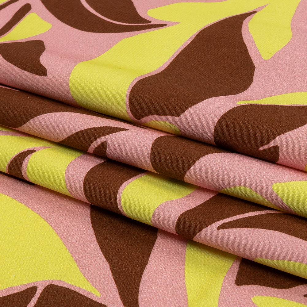 Stretch Cotton Sateen - Pink and Yellow Leaves - Flying Swirls Print - Mood Exclusive Groove Collection - Folded