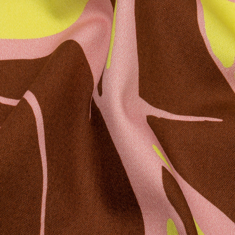 Stretch Cotton Sateen - Pink and Yellow Leaves - Flying Swirls Print - Mood Exclusive Groove Collection - Detail