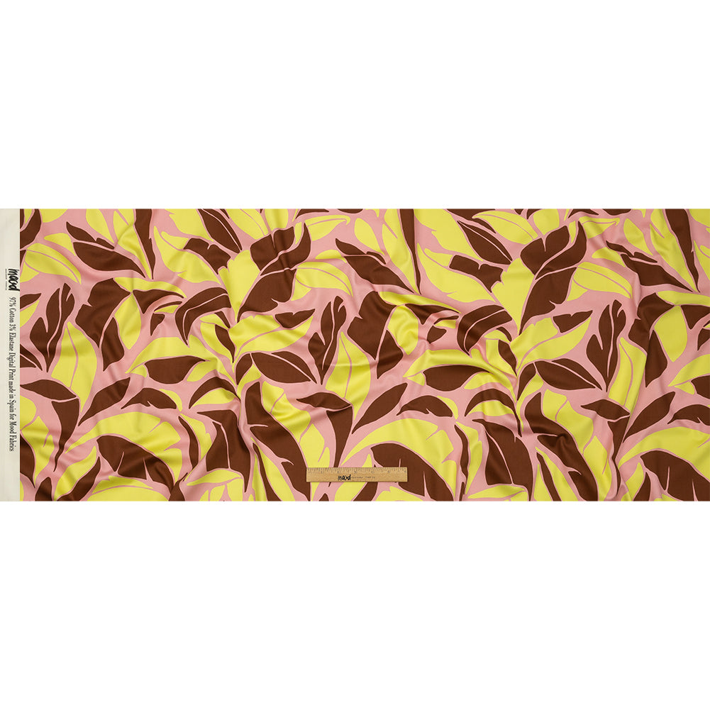 Stretch Cotton Sateen - Pink and Yellow Leaves - Flying Swirls Print - Mood Exclusive Groove Collection - Full