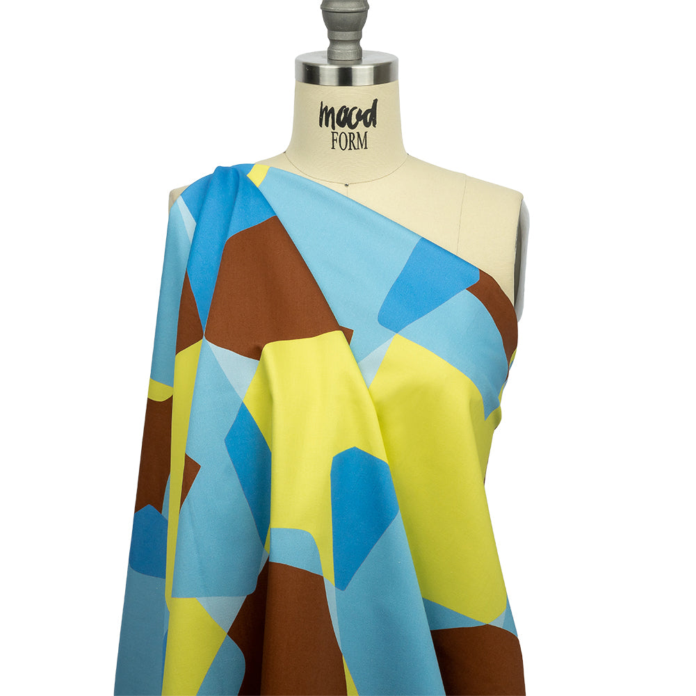 Stretch Cotton Sateen - Blue and Yellow Geometric - Gemstone Jubilee Print - Mood Exclusive Groove Collection - Drape