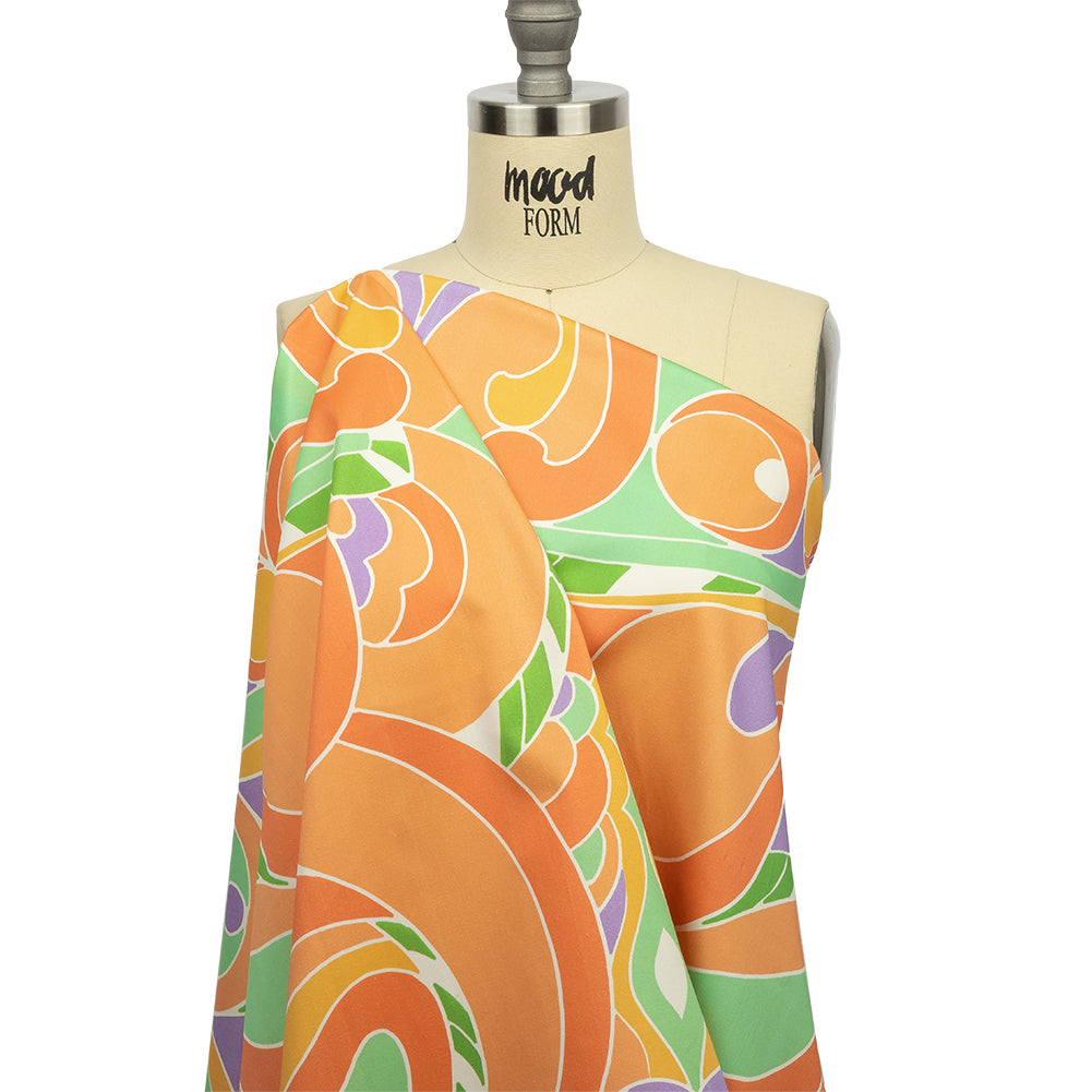 Stretch Cotton Sateen - Orange and Green Abstract - Kaleidoscope Skies Print - Mood Exclusive Groove Collection - Drape