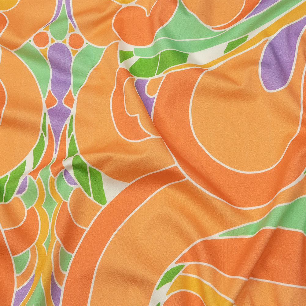 Stretch Cotton Sateen - Orange and Green Abstract - Kaleidoscope Skies Print - Mood Exclusive Groove Collection
