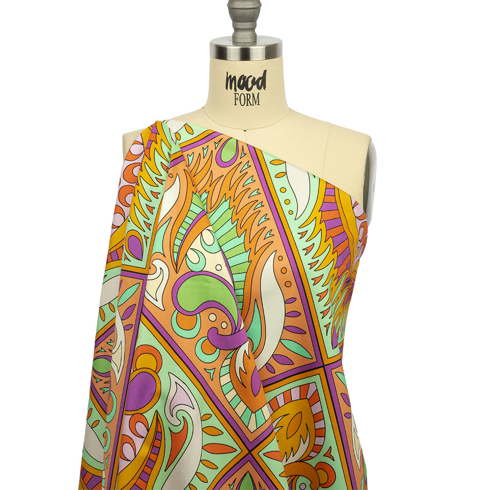 Stretch Cotton Sateen - Orange Paisley Diamonds - Bejeweled Blaze Print - Mood Exclusive Groove Collection - Drape