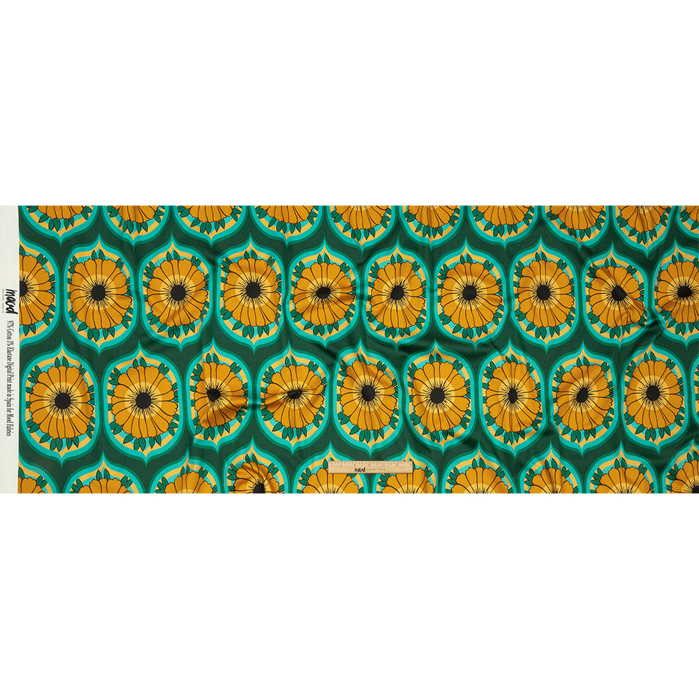 Stretch Cotton Sateen - Yellow and Teal Floral Ogees - Sunrise Divine Print - Mood Exclusive Groove Collection