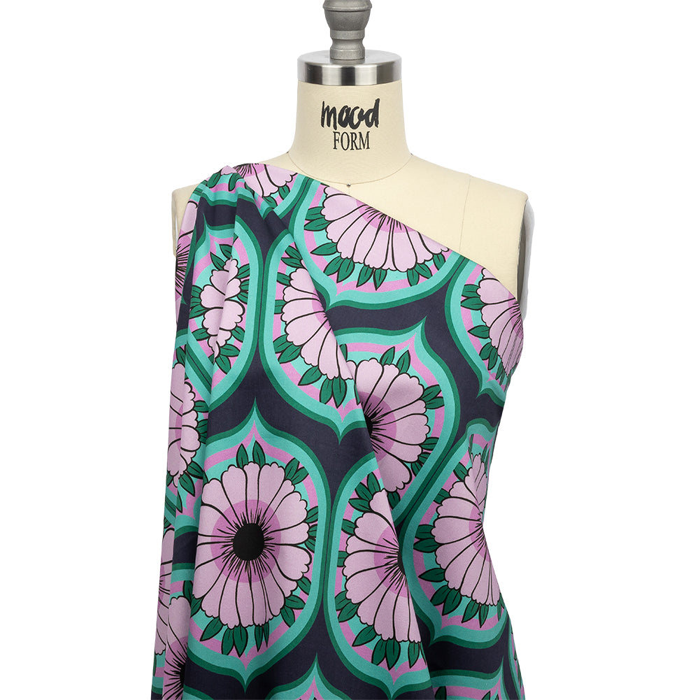 Stretch Cotton Sateen - Lavender and Teal Floral Ogees - Sunrise Divine Print - Mood Exclusive Groove Collection - Drape