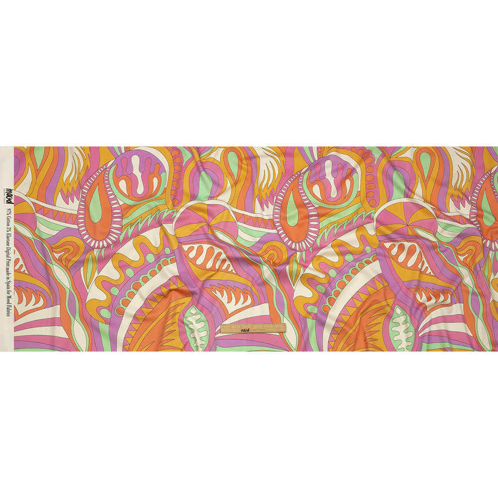 Stretch Cotton Sateen - Purple, Pink and Orange Paisley and Abstract - Surf City Psychedelia Print - Mood Exclusive Groove Collection - Full