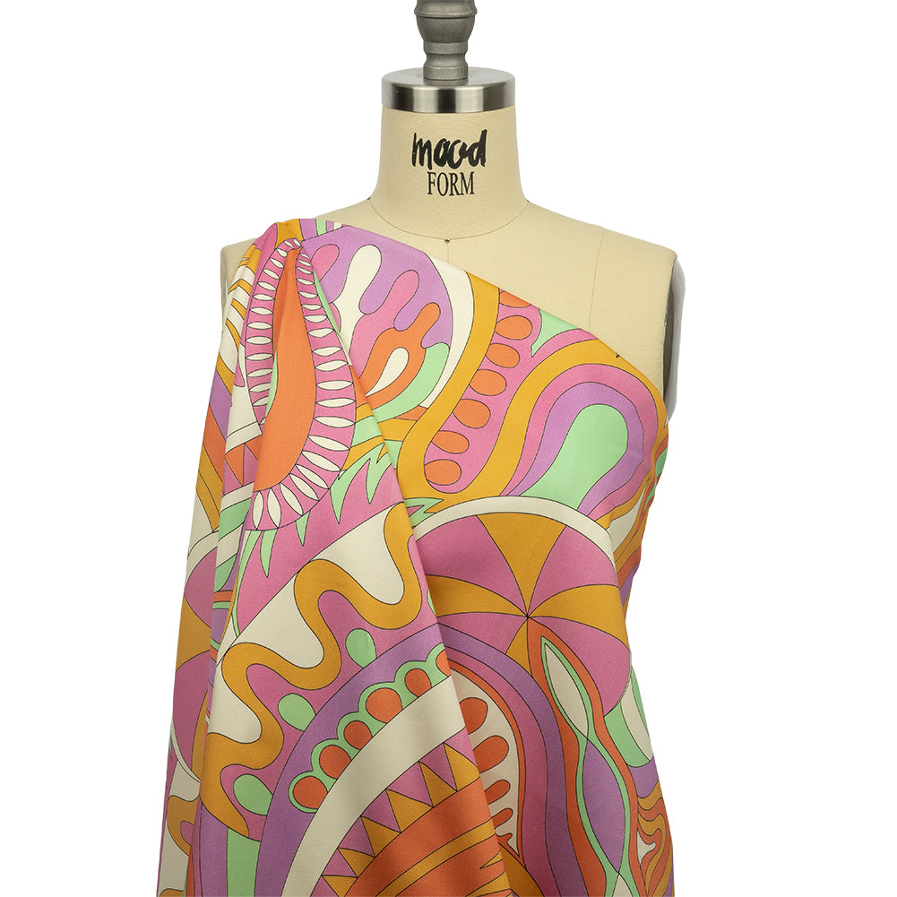 Stretch Cotton Sateen - Purple, Pink and Orange Paisley and Abstract - Surf City Psychedelia Print - Mood Exclusive Groove Collection - Drape